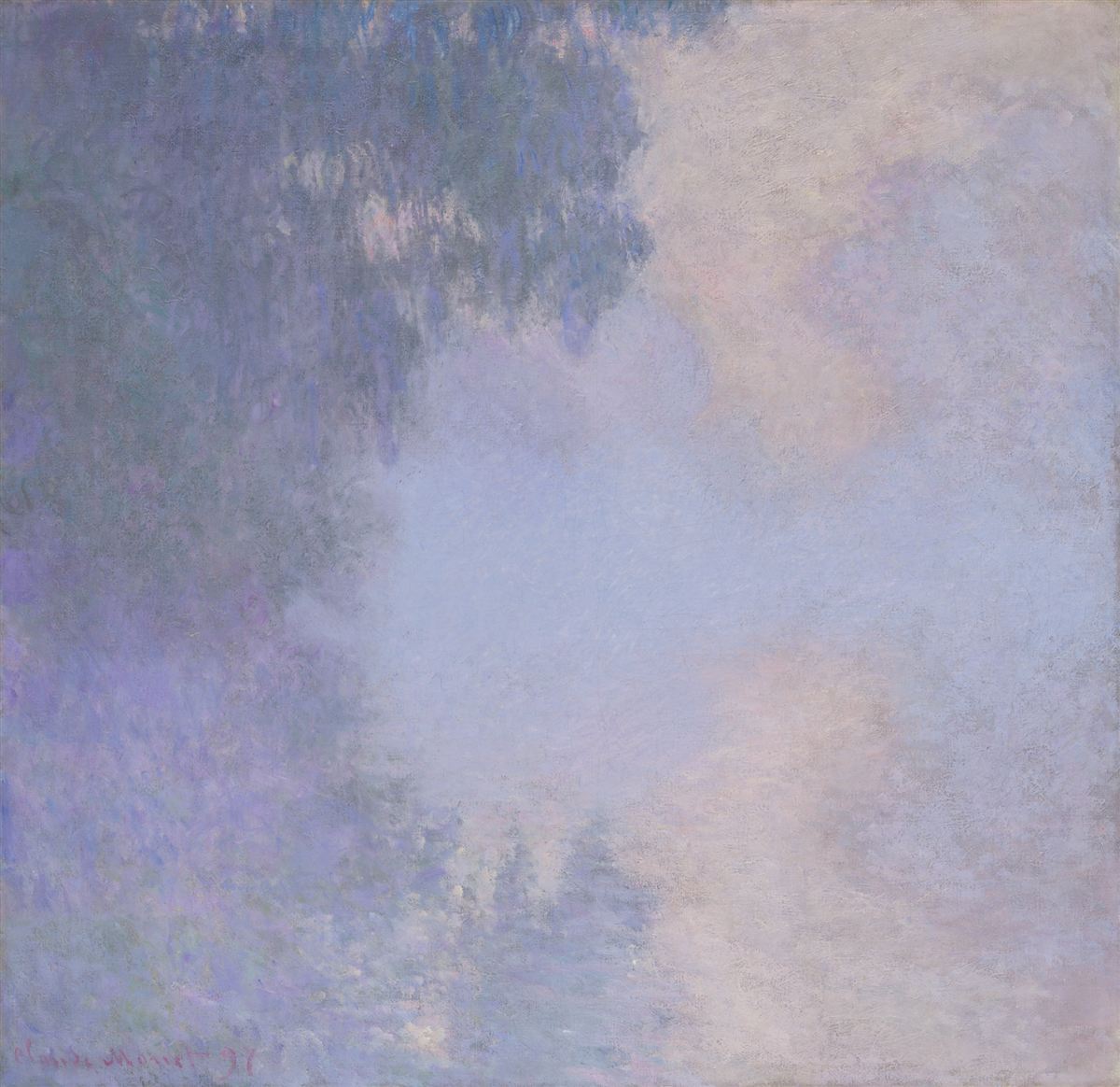 Pintura de um braço de rio envolto em névoa, em tons claros de azul, lilás e rosa, com a copa das árvores à esquerda
